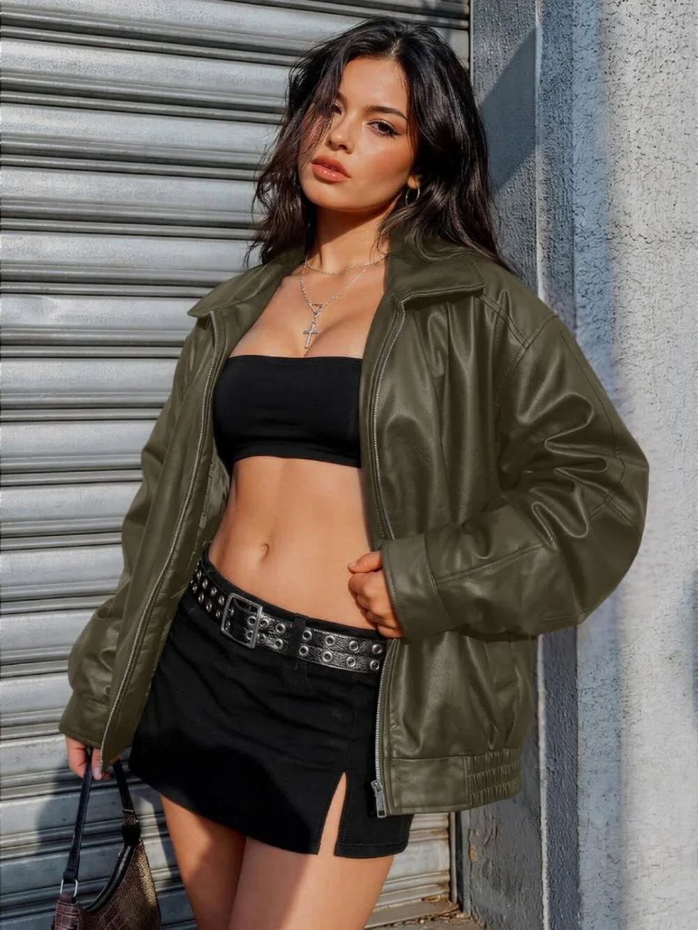 Women Army Green Oversized Faux Leather Loose Weight Fal Winter Outerwear Jacket